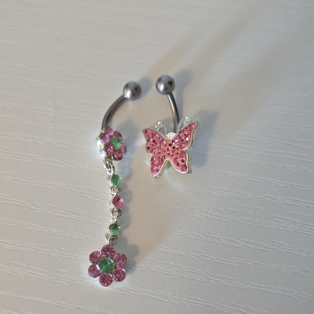 Pink and Green Butterfly And Flower Belly Rings